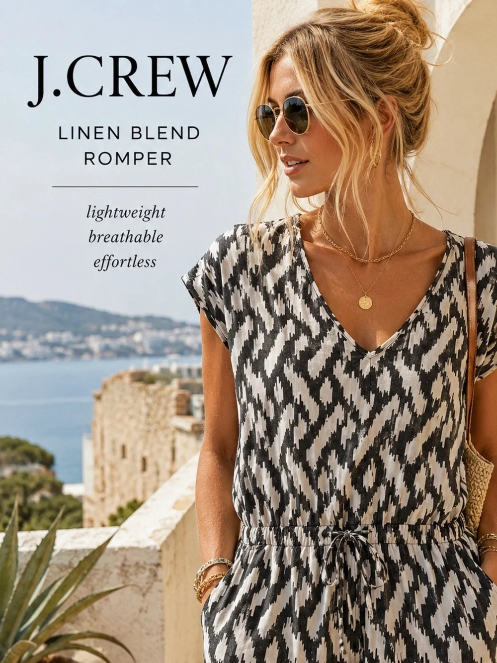 J.Crew Black White Ikat Print Linen Lyocell Romper XXS Pockets Summer Vacation